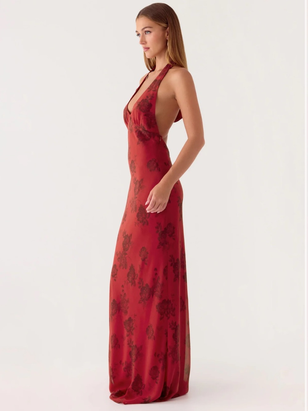 Freja Maxi Dress Halter Tie Long Cherry Rose Floral Open Back Going Out Party 6 - Picture 13 of 13